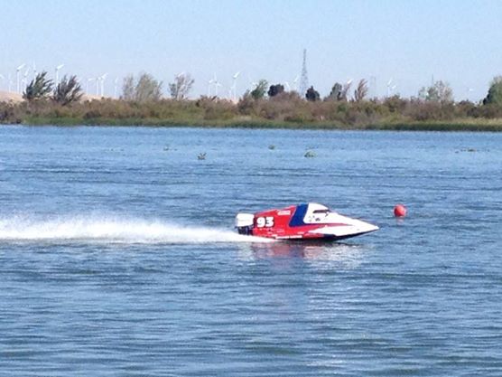 An SST-45 capsule boat races on the river in Antioch on Sunday, October 5, 2014 as part of the Delta Thunder V competition.
