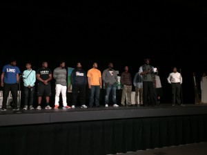 Akili Calhoun presented the young men he's been mentoring, during his talk at Antioch's Martin Luther King Day event on Monday.