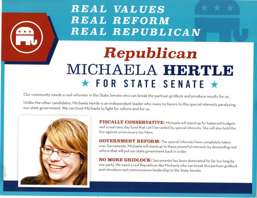 The back side of the mailer to Republican voters from the Asian American Small Business PAC stating Hertle's positions on the issues. But, she dropped out of the race.