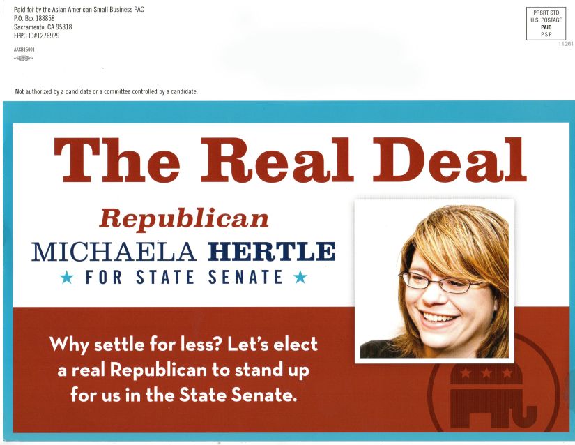 Mailer sent out by the Asian American Small Business PAC encouraging Republicans to vote for Hertle who dropped out of the race.