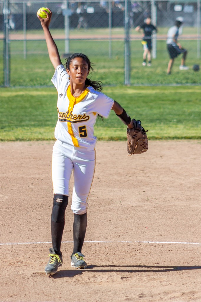 Antioch High pitcher Ayanna Sanchez winds up on her way to a perfect game. Photo by Michael Pohl