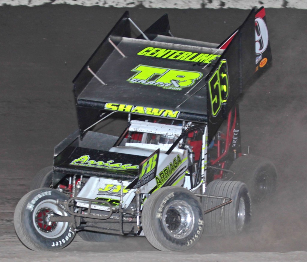 Shawn Arriaga slides way inside and down low between the third and fourth turn on the last lap to take the win from Art McCarthy, at Antioch Speedway, Saturday night, June 6, 2015. photo by Paul Gould, Track Photographer.