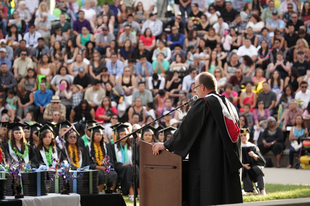 Dozier-Libbey Principal Scott Bergerhouse speaks to the 2015 graduating class. photo by Luke Johnson