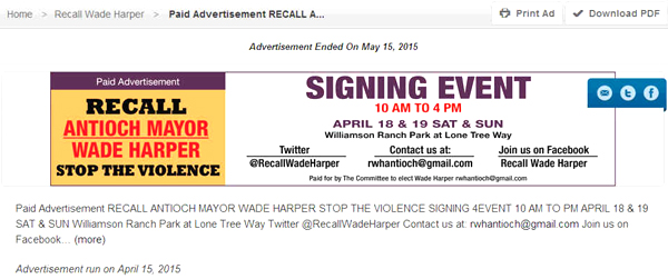 Recall ad that appeared on the Contra Costa Times website.