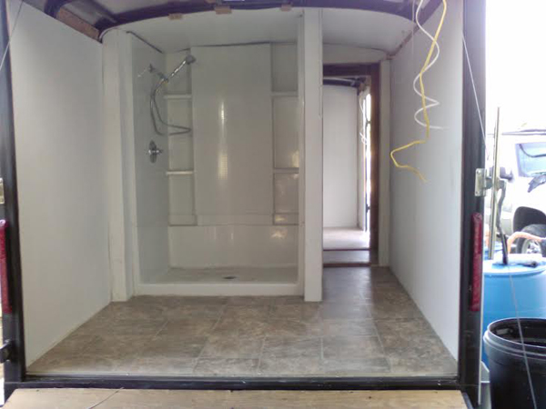 Inside one of the mobile shower units by Shower House Ministries.
