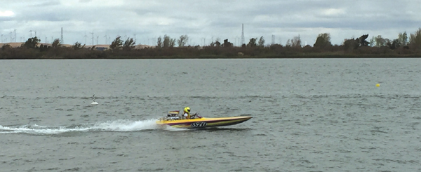 Skip Tuttle gives a demonstration in his flat bottom boat that can reach speeds of 100 MPH, on the Antioch waterfront, during the Delta Thunder VI speed boat races, Sunday, October 18, 2015
