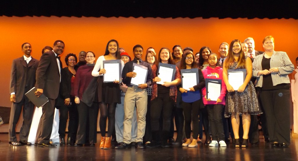 The winners of the Scholarship Awards with local elected officials at the 8th Annual Martin Luther King Day event in Antioch, on Monday, January 18, 2016.