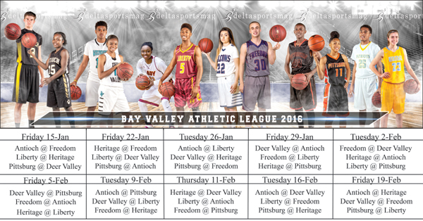 2016 BVAL Basketball Calendar with the best players from each school, as chosen by their coaches. Antioch: forward Jake Perkey and guard Cee Cee Brown; Deer Valley: guard Brandynn Manning and guard Artearra Coffey; Liberty: guard Kavon Wise and guard Jamesha Green; Freedom: guard Tessa Cortez and guard John Ketchel; Pittsburg: guard Ifaenyi Udoh and guard Adorah Buggs; and Heritage: guard Anthony Dennis and forward Mikaila Wegenke.