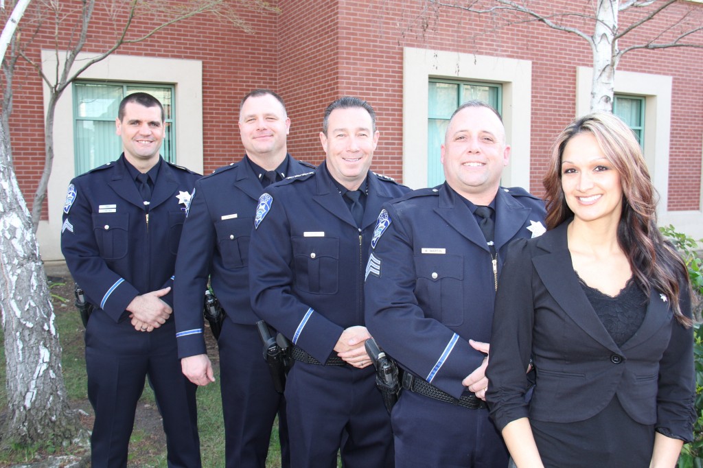 The Antioch Police Department recently promoted the following personnel (Left to Right): Corporal Gary Lowther, Lieutenant Trevor Schnitzius, (Chief Allan Cantando), Sergeant Rick Martin, and Lead Dispatcher Korina Meads. photo courtesy of APD