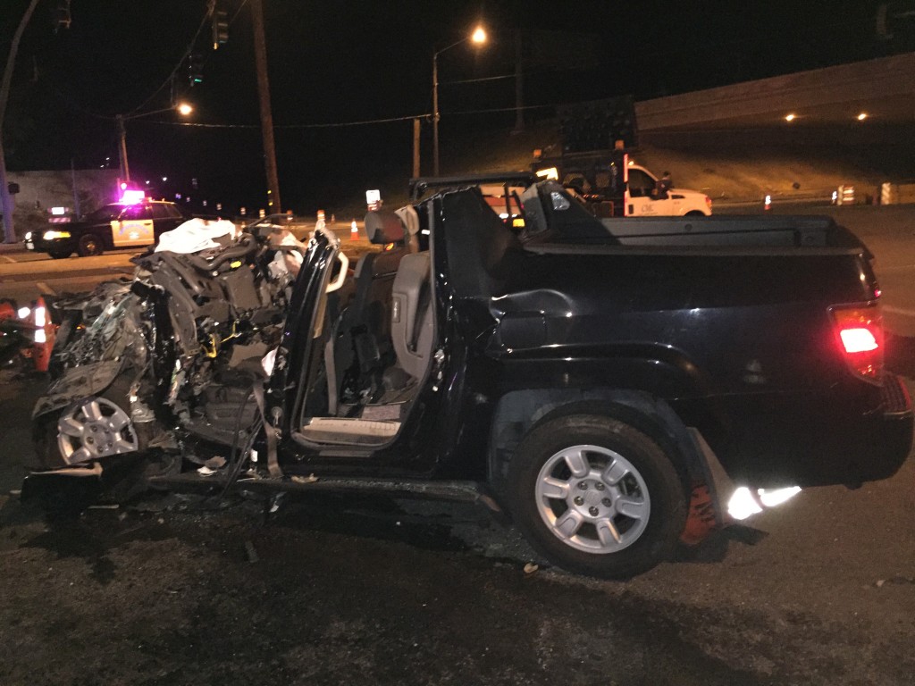 The remains of a Honda Ridgeline SUV whose driver caused an accident at A Street and Rossi Street, which ended at the westbound Highway 4 onramp, late Tuesday night, April 12. photos by Allen Payton