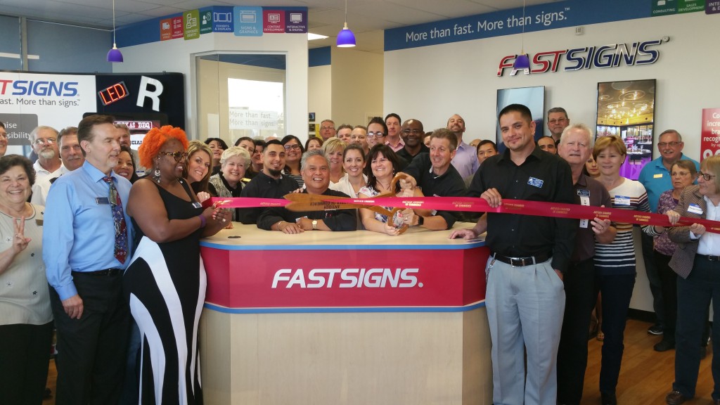 Antioch Chamber of Commerce members and community leaders join Fast Signs owner Randy Sabatte (with scissors) and staff for a ribbon cutting to officially celebrate their new location on Thursday, March 24, 2016.