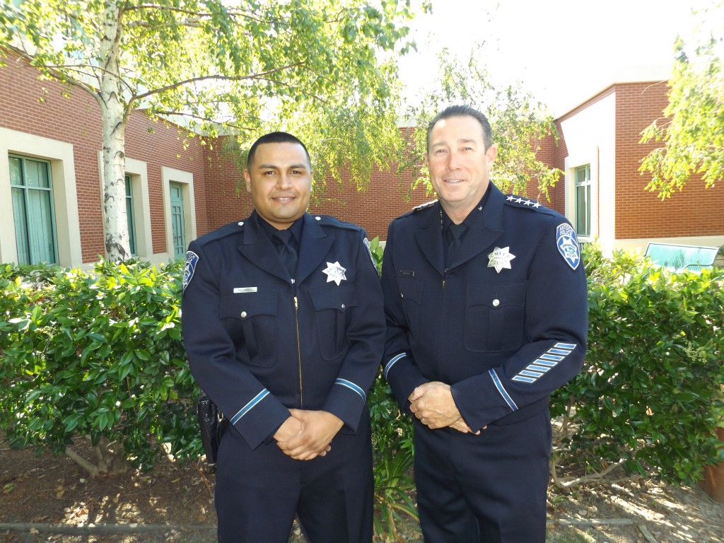 New Antioch Police Officer Jose Hernandez and Chief Allan Cantando following the oath of office ceremony, Monday, April 18, 2016