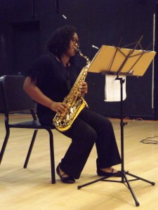 Merry D. Wilson performed Hey Jude on her saxophone during the talent show.