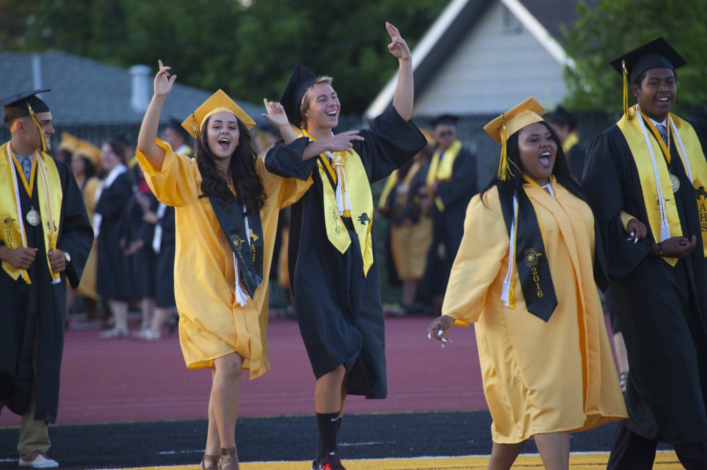 Antioch High graduates celebrate as they file in for the commencent ceremony, Friday night, June 2, 2016. photo by Luke Johnson
