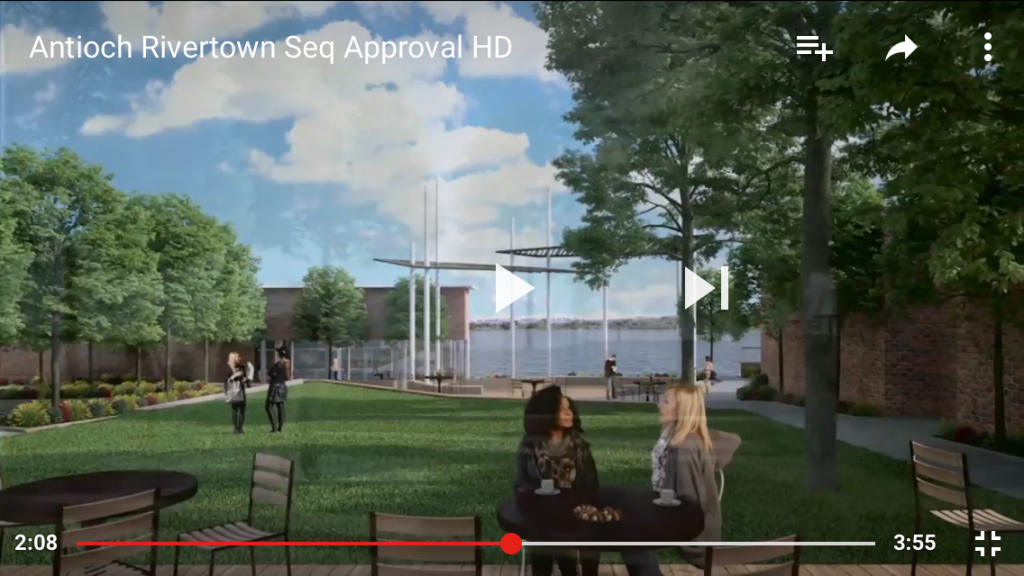 A rendering of the proposed, new look for an event center at Waldie Plaza in Antioch's downtown, Rivertown in a screenshot from the City's new marketing video.