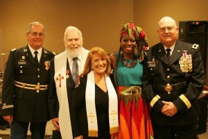 From L to R: Colonel Timothy Vaughn, Rev. Austin Miles,Chaplain Trainer Priscilla Martinez, Felicia Purcell, General Dan Helix. photo by Jane Vaughn