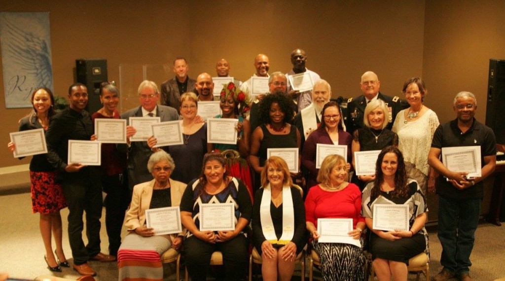 The new East Bay Chaplains display their certificates. Top Row: Pastor Will Byrns from His Praise in Antioch, Pastor Charles Salter, John Foster, Jeffery Robinson. Second Row: Rudy Hernandez, Tim Vaughn, Reverend Austin Miles, Major General Dan Helix. Third Row: Salena Boatner-Miller and her husband Pastor George Miller, Pat Martin, Bill Swenson and his wife Julie Swenson, Felicia Purcell, Angrett Davies, Dusty Salazar, Karen Manuel, Laura Collin, Jose Chavez. Seated: Kermese Harrell, Segura, Chaplain Priscilla Martinez and Olga Chavez. photo by Jane Vaughn