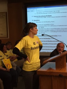 Antioch High School teacher Sara Savacool speaks to the Board wearing a T-shirt with her position on the Rocketship charter school petition at the Board meeting on Wednesday, October 9, 2016.