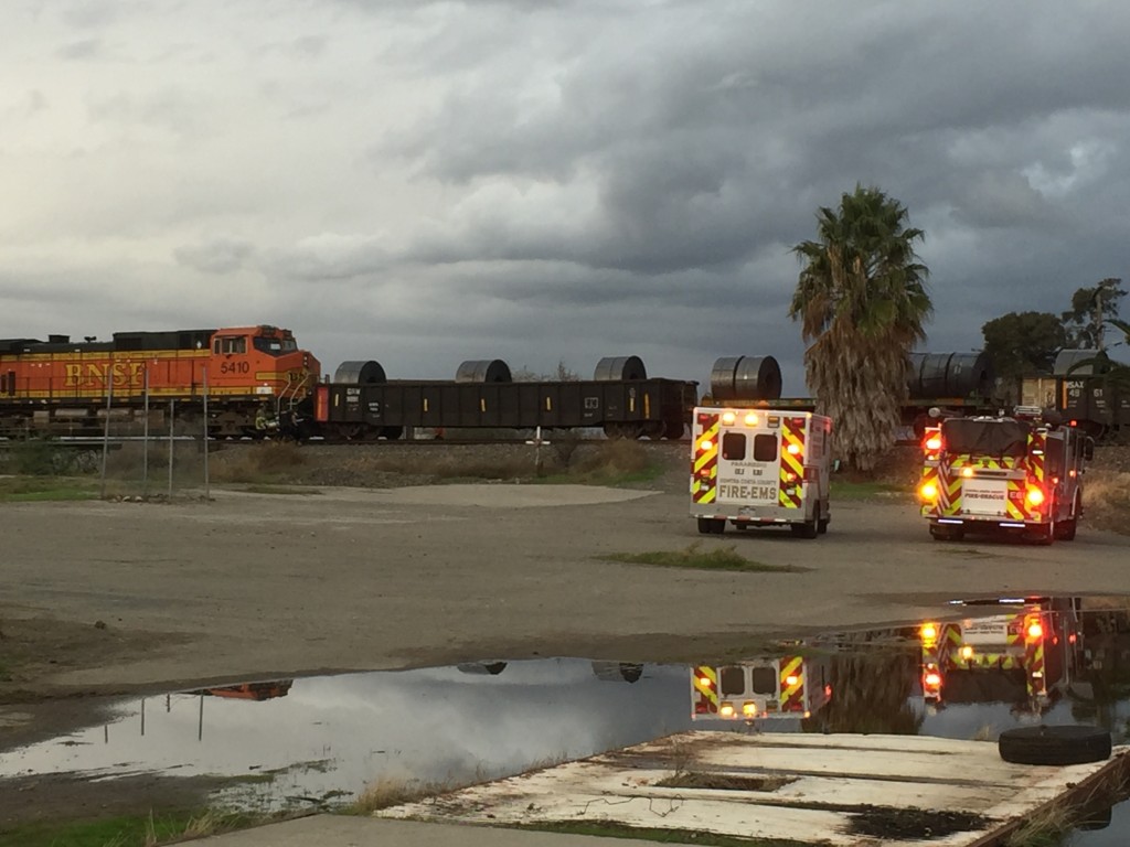 ConFire emergency crews were on the scene of an Antioch man struck by a train along Antioch's waterfront, Monday evening, October 31, 2016.