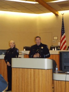 Newly promoted Lt. Tara Mendez smirks as Chief Cantando shares some funny information about her career with the APD.