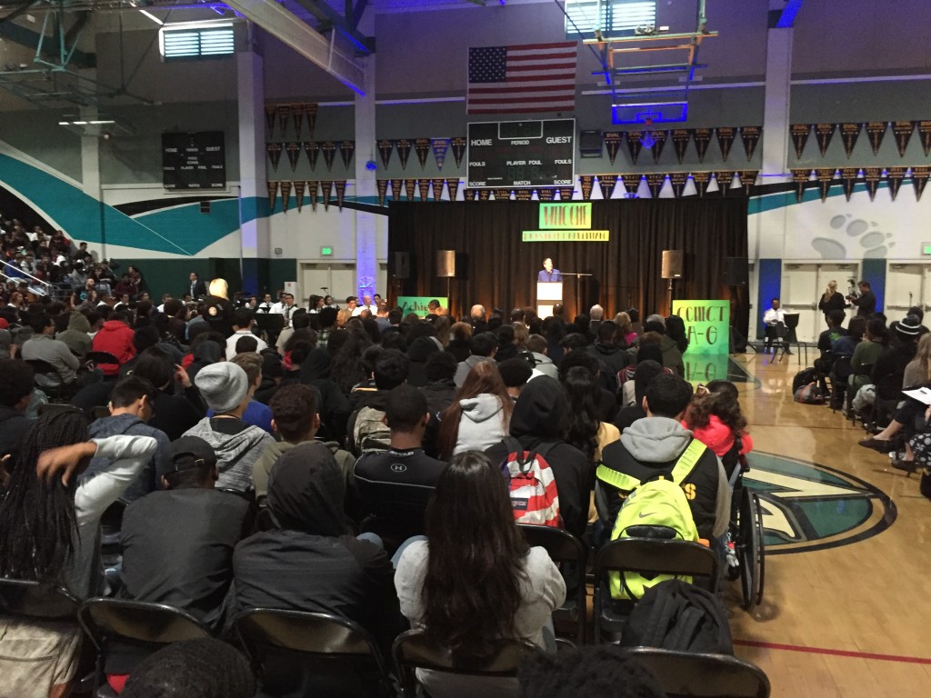 University of California system President Janet Napolitano speaks to a gymnasium full of students, faculty and staff at Deer Valley High School on Wednesday morning, November 1st, 2016.