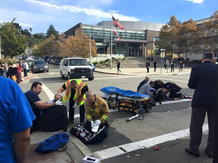 The scene at the intersection of Court and Main Streets in Martinez, following the hit and run of three pedestrians in the crosswalk, Monday morning. Photo by Angrett Davies