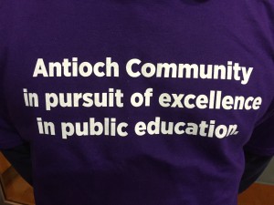The slogan on one of the shirts of the Antioch supporters of the Rocketship charter school.