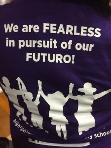 The slogan on the shirt of a supporter from Concord of Rocketship whose child attends Rocketship's Futuro school, there.