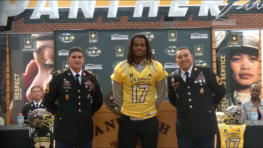 Antioch High running back Najee Harris wearing the jersey as a U.S. Army All American, following a ceremony at the school's gymnasium on October 7, 2016.