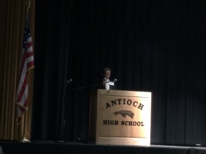 Antioch High sophomore Sage Bennett reads his award winning poem.